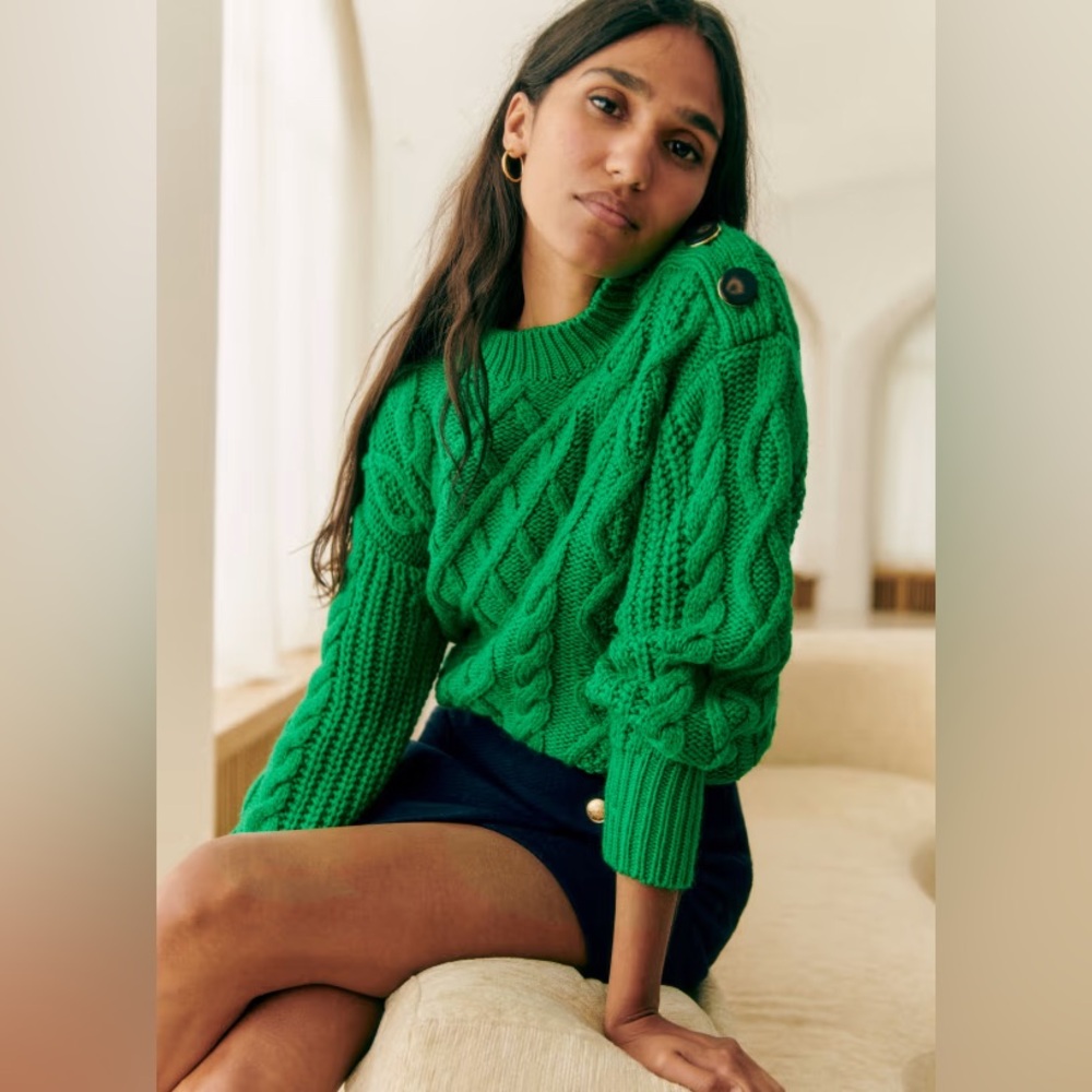 Sezane James Jumper Green Cable Knit Sweater Merino Wool